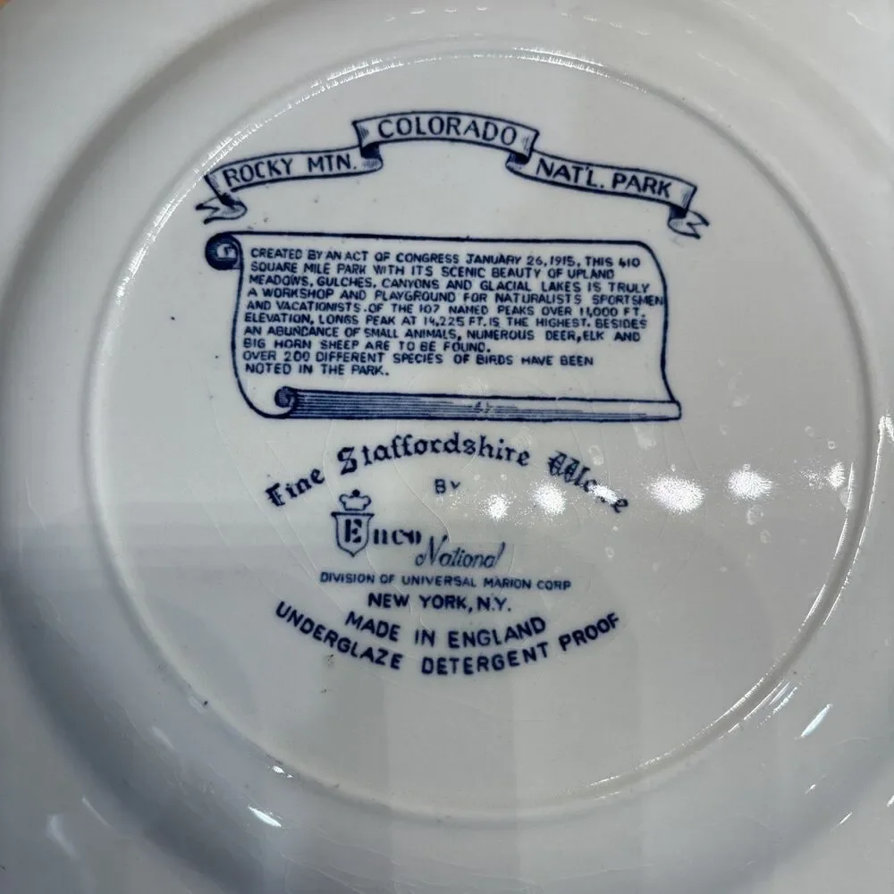 Vintage Rocky Mtn Nat’l Park Fine Straffordshire Ware Blue White Souvenir Plate